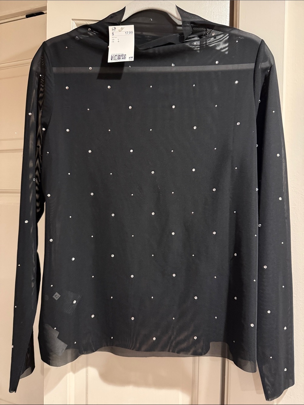 H&M Black Sheer Mesh Long-Sleeve Top with Rhinestone Dots. SZ Large. NWT